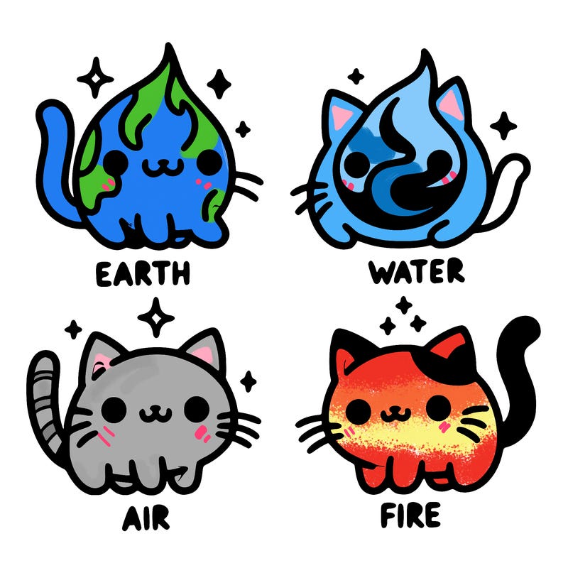 4 cats that represent the different elements, earth, water, air, and fire