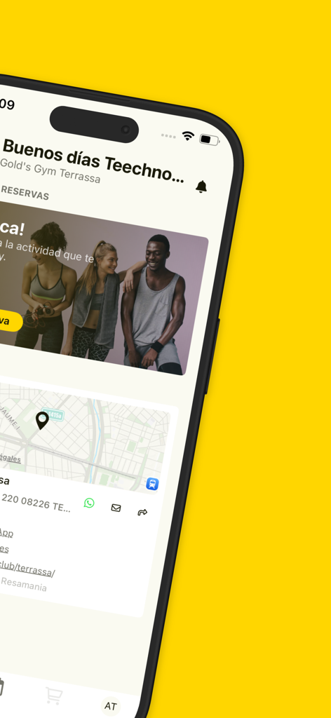 Gold's Gym España - Interfaz de la app de Golds Gym España mostrando un mensaje de bienvenida al usuario y un mapa de la ubicación del club