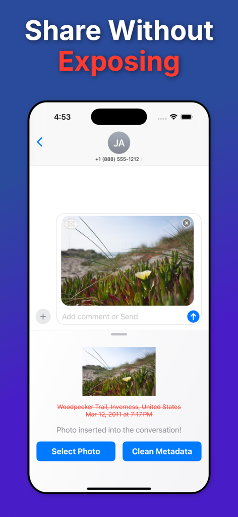 Metadata Remover - Photo EXIF - Interface do aplicativo MetaClean mostrando metadados de localização e hora em uma foto antes da limpeza para compartilhamento privado