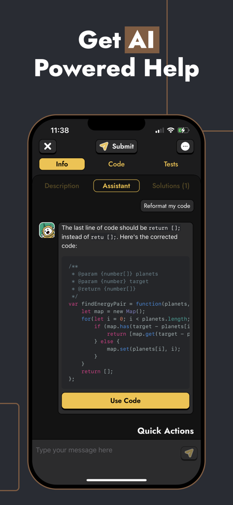 CodenQuest mobile app screen showing an AI assistant providing real-time feedback and code corrections for a JavaScript function.