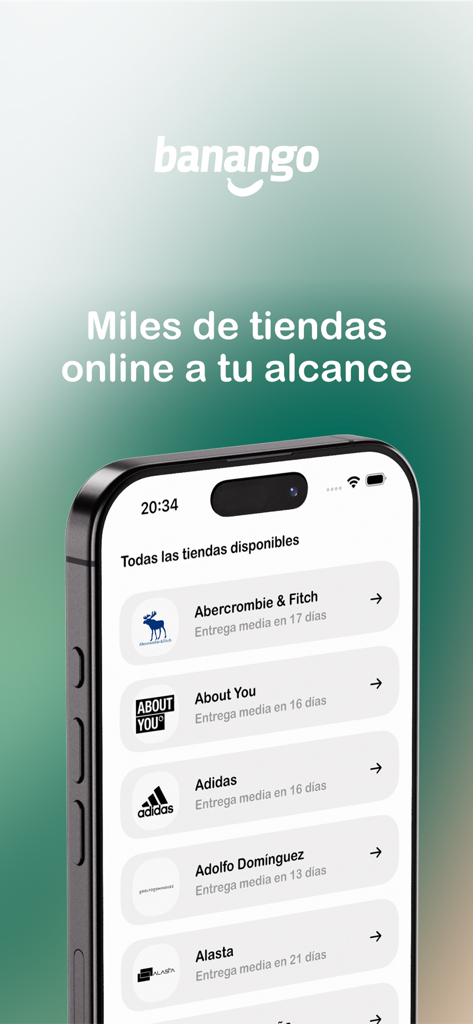Una pantalla de smartphone mostrando la app Banango con una lista de tiendas online disponibles para envío a las Islas Canarias