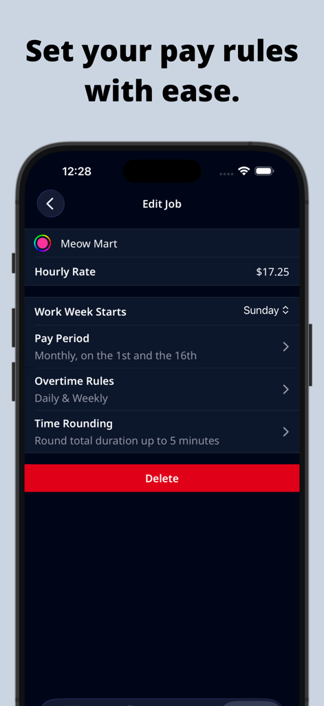 スマートフォン画面。Clock Inアプリの給与ルール設定画面。時給単価や残業設定を含む。