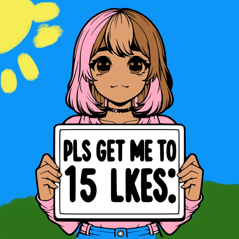 realistic girl holding up a sign that says “pls get me to 15 likes!”