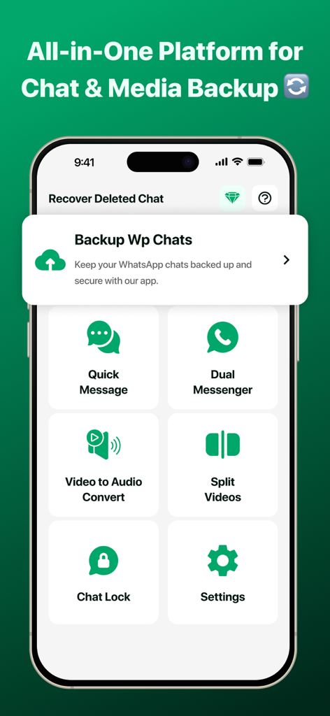 WAM - Recover Deleted Messages - WAM app main interface showing chat and media backup tools with messaging utilities