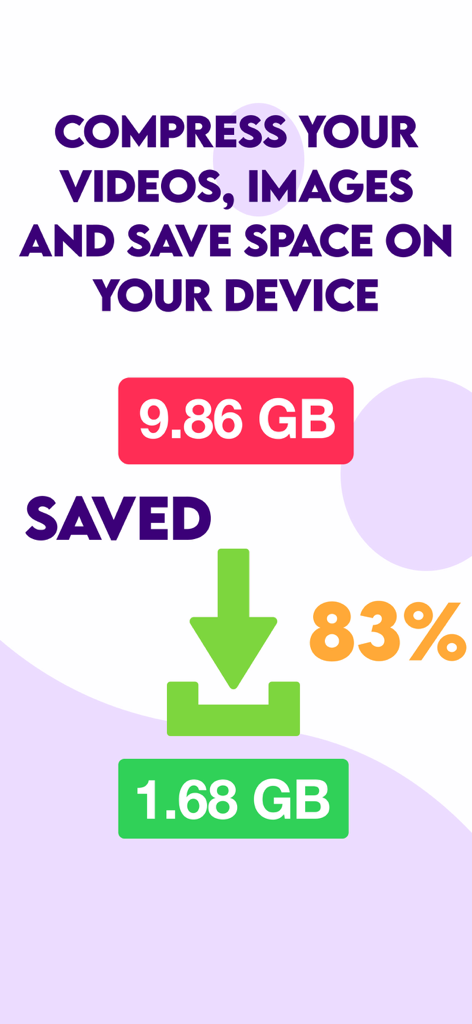 Video Compressor & Reduce size - Graphic showing 83 percent storage reduction by compressing media from 9.86 GB to 1.68 GB