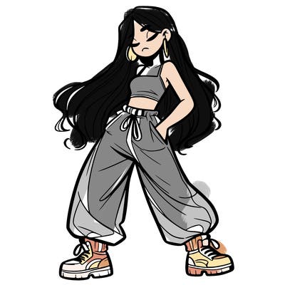 girl in baggy pants crop top and long hair
