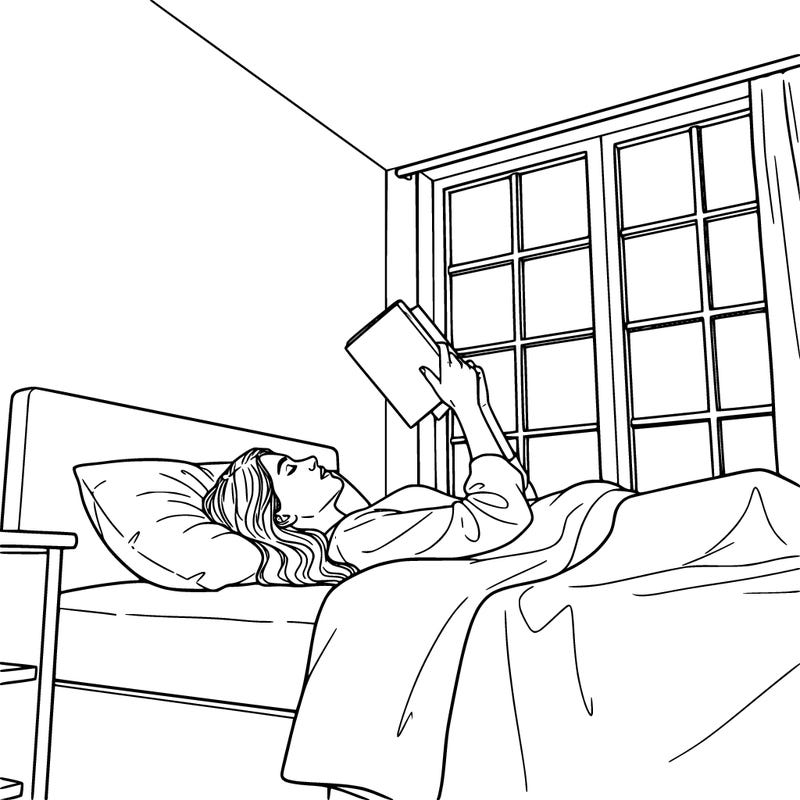 a realistic woman reading a book while she laying down on her bed in her room by her window