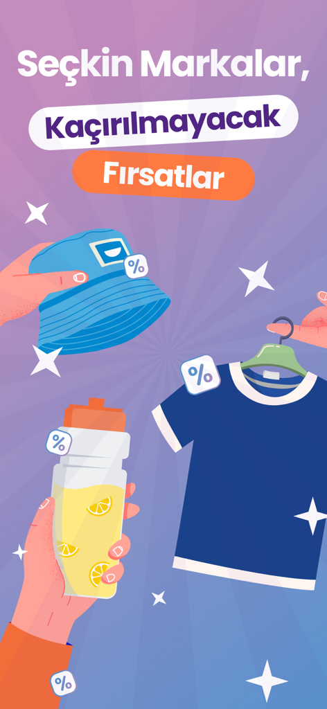 Oliz - Fırsat ve Avantaj App’i - Olizアプリのプロモーショングラフィック。帽子やTシャツのようなライフスタイル製品と割引記号が表示されています。