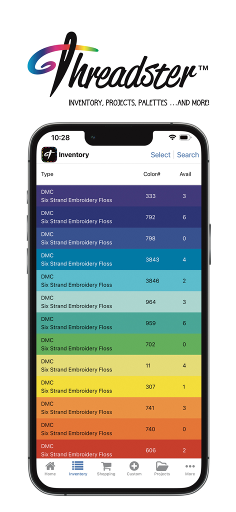 Threadster - Pantalla de inventario de la aplicación Threadster que muestra una lista codificada por colores de hilos de bordar DMC con cantidades