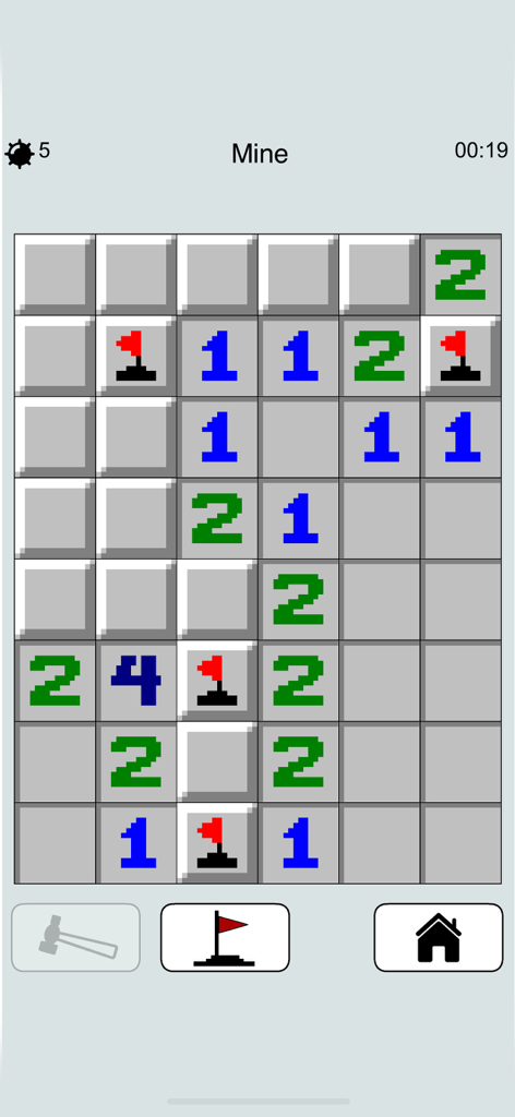Mine Detector - classic puzzle - Un plateau de jeu classique de Démineur avec des tuiles numérotées et des drapeaux rouges sur une grille rétro.
