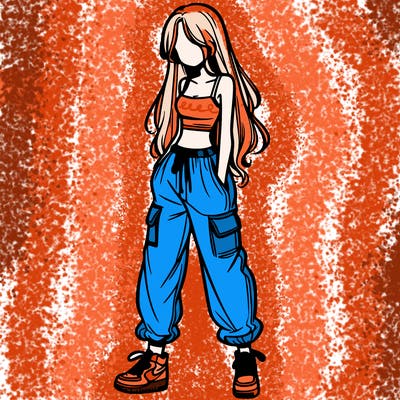 girl in baggy pants crop top and long hair