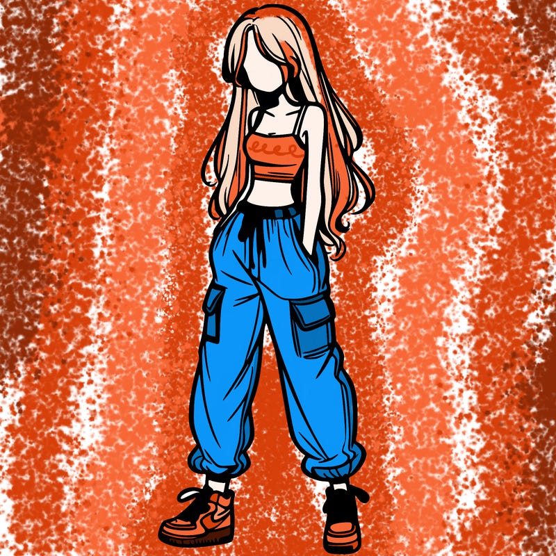 girl in baggy pants crop top and long hair