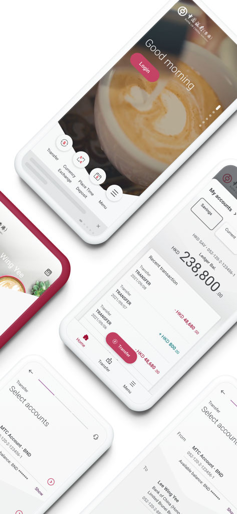 BOCHK Brunei - A collection of mobile screens from the BOCHK Brunei app showing account balances transaction history and money transfer options