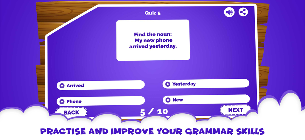 Interfaz de quiz educativo para niños para practicar la identificación de sustantivos en oraciones