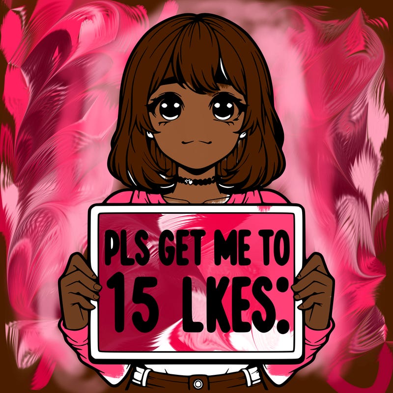 realistic girl holding up a sign that says “pls get me to 15 likes!”