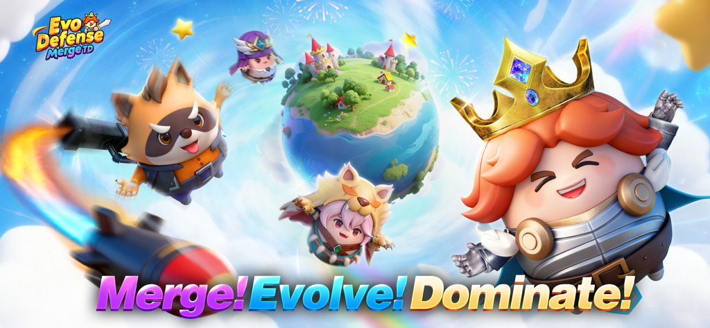 Evo Defense: Merge TD - Evo Defense Merge TD promotional artwork featuring adorable characters a king and the slogan Merge Evolve Dominate