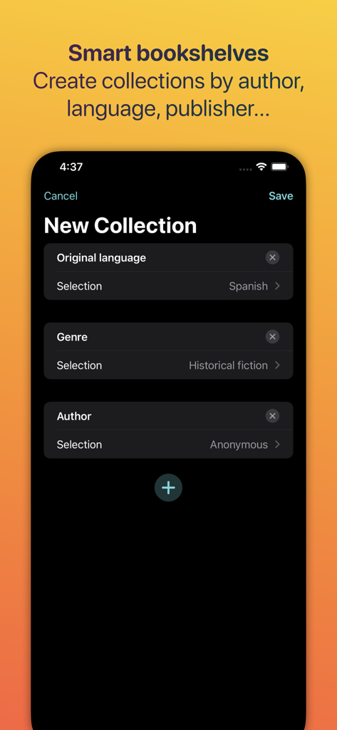 Home Library Manager - Leto - Interface for creating a new smart book collection with filters for language, genre, and author.