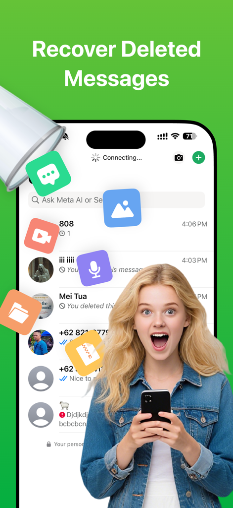 Una mujer sorprendida sosteniendo un smartphone con iconos flotantes que representan mensajes y archivos multimedia recuperados de WhatsApp.