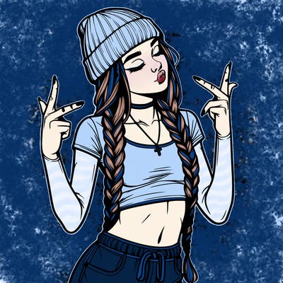 realistic teenage girl with braids and a beanie and crop top doing 🫶🏼
