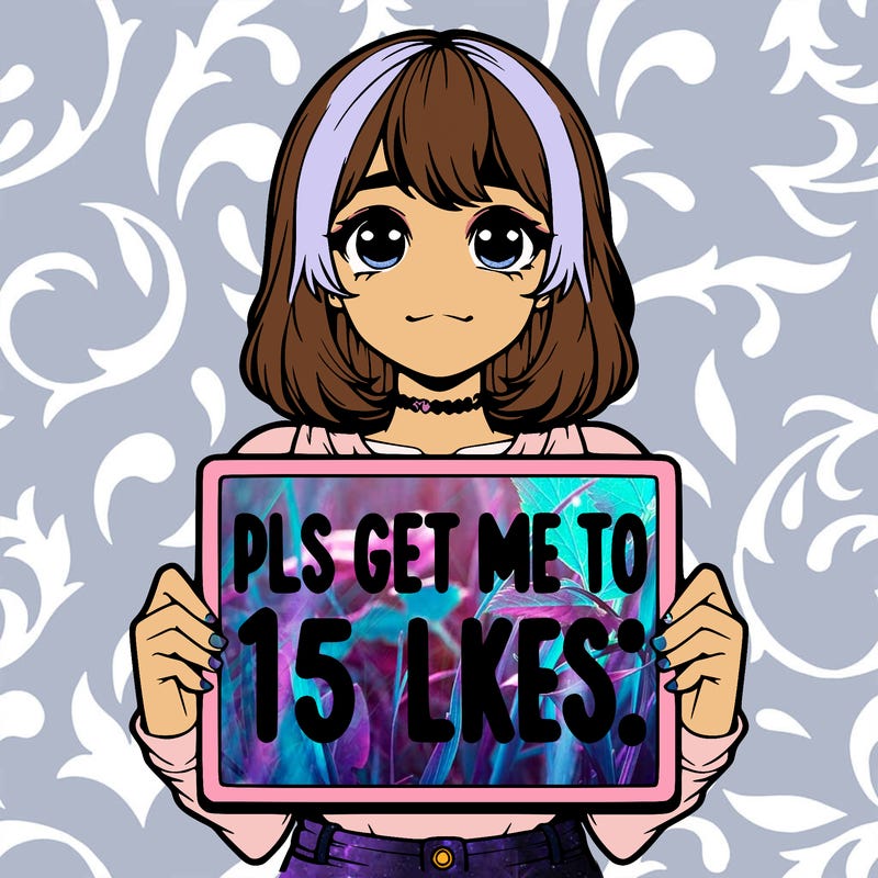 realistic girl holding up a sign that says “pls get me to 15 likes!”