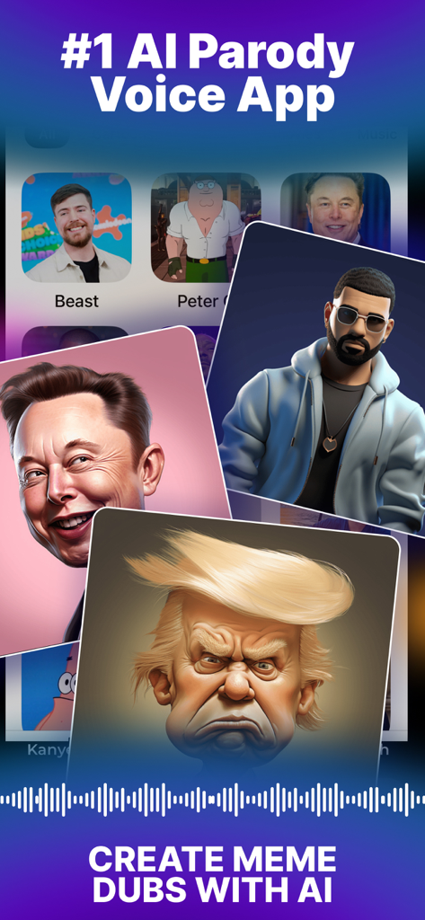 Famedub－Voice Generator AI App - Interfaz de la aplicación Famedub mostrando caricaturas de celebridades para crear memes de voz paródicos con IA.