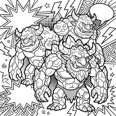 Dive into an epic fantasy world with this thrilling Pop Art Mountain Trolls coloring page. Experience the raw power of these rocky creatures brought to life with bold comic-style elements.