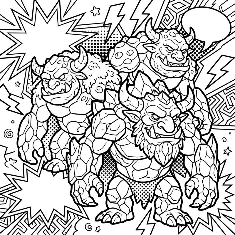 Dive into an epic fantasy world with this thrilling Pop Art Mountain Trolls coloring page. Experience the raw power of these rocky creatures brought to life with bold comic-style elements.