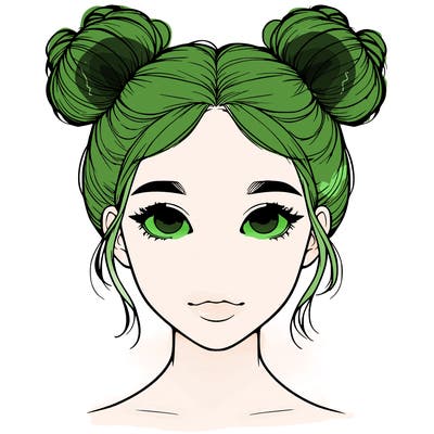 realistic girl with two buns on top of her head