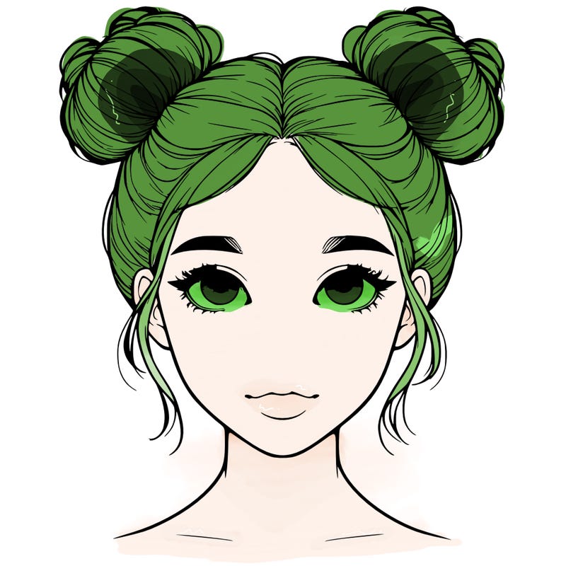 realistic girl with two buns on top of her head