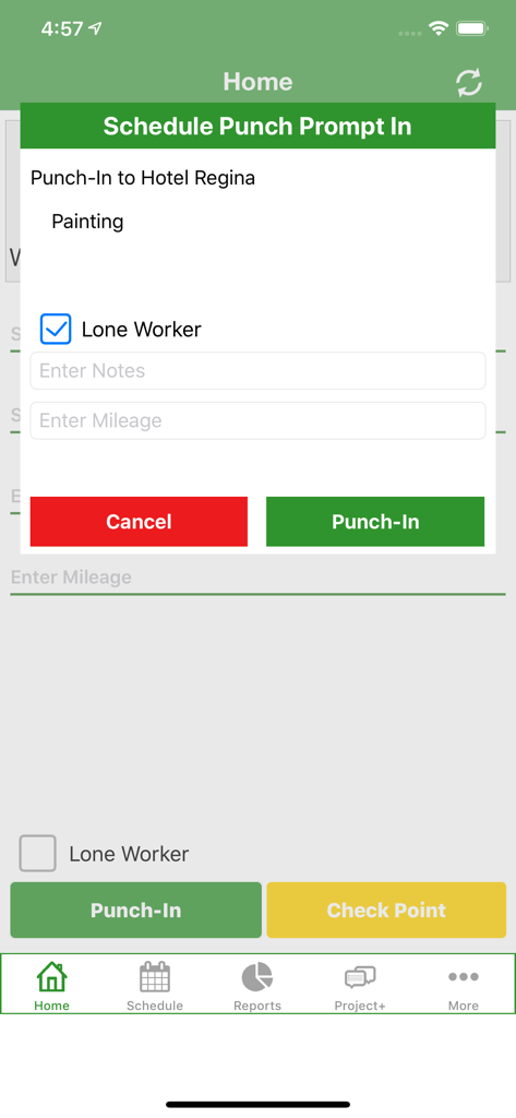 Timesheet Mobile app interface showing a punch-in prompt for a painting job with lone worker and mileage fields