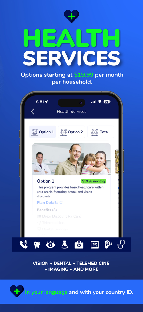 Ein mobiler Bildschirm aus der MyBambu-App, der erschwingliche Gesundheitsdienstleistungen, einschließlich Zahn- und Sehkraftrabatte, anzeigt.