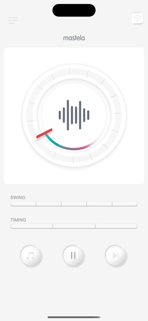 Mastela baby - Mastela baby app interface with controls for swing speed, timing, and music playback