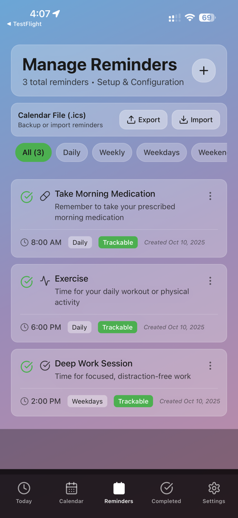 Interface of the Smart Reminder app showing a list of managed tasks such as medication and exercise with options to export and filter.