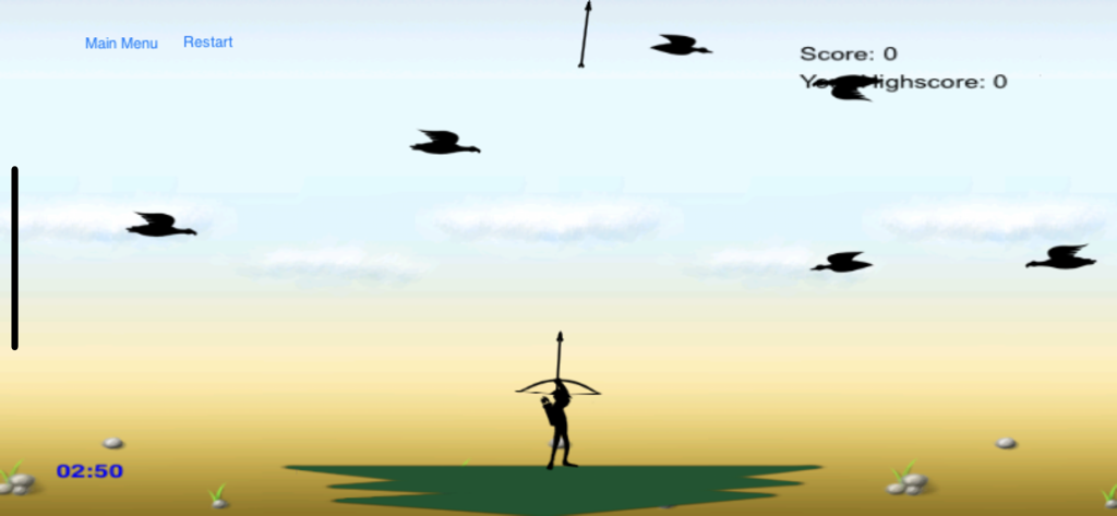 Stickman archer aiming at flying bird silhouettes in the Bowman mobile game bird shooting mode