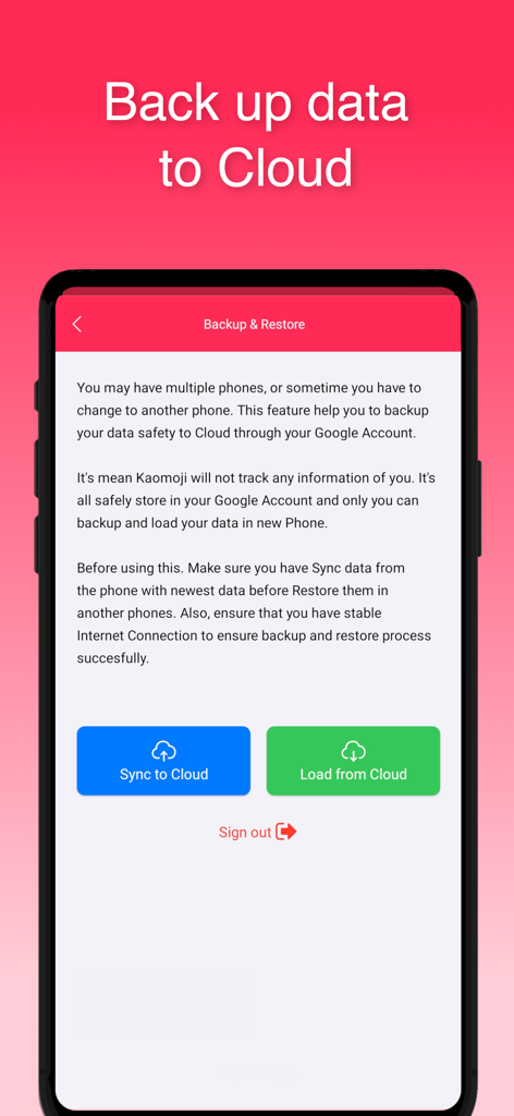 Kaomoji Emoticon - Kaomoji Emoticon app screen showing cloud backup and restore options including sync and load buttons