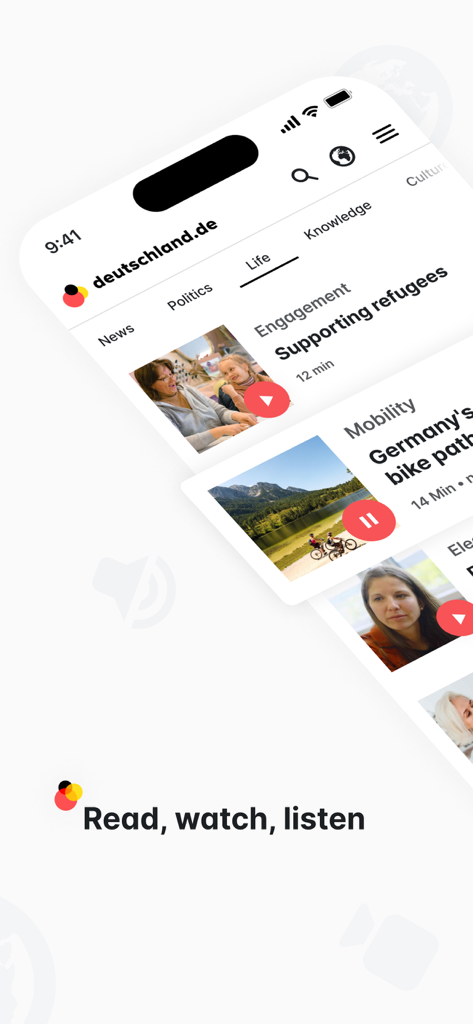 Interface of the deutschland.de app showing articles on life and mobility with buttons to read watch and listen