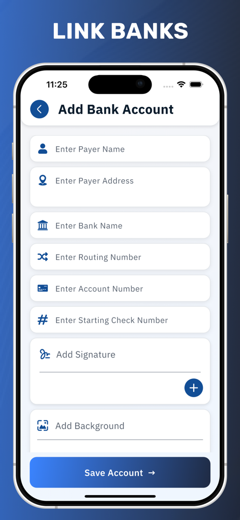 Cheque Writer & Printer - Form to add bank account details including routing and account numbers in the Cheque Writer and Printer app