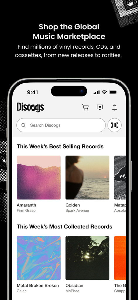 Discogs - Discogs mobile app showing the global music marketplace and best selling records.