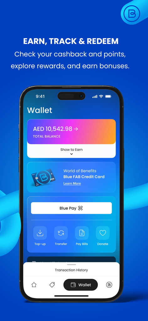 Blue Rewards app digital wallet displaying balance and payment features