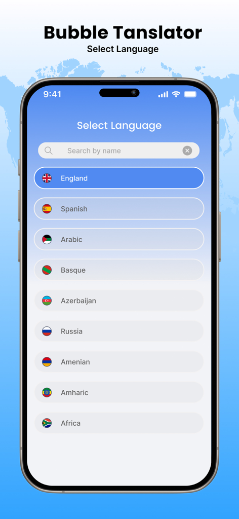 Bubble Translator - A mobile interface for Bubble Translator displaying a list of available languages like English and Spanish with corresponding flags.