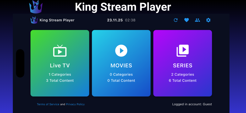 King Stream Player interface showing Live TV Movies and Series sections