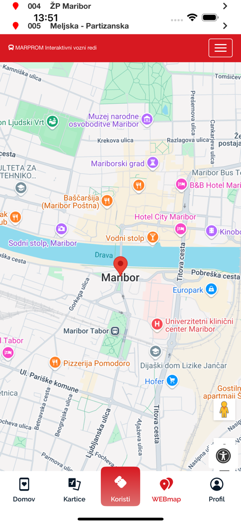 Marprom Shop - Mapa interactivo de tránsito de la ciudad de Maribor en la aplicación móvil Marprom Shop