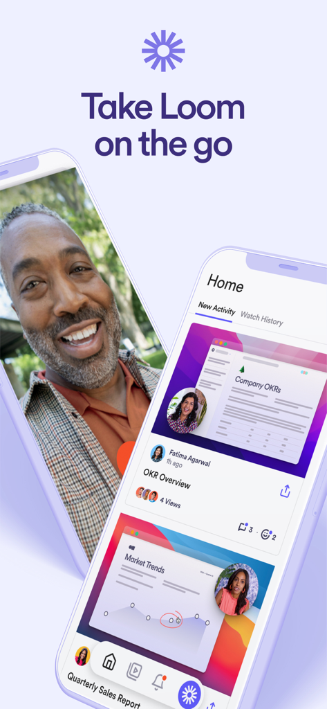 Loom: Screen Recorder - Two iPhones displaying the Loom app interface for mobile video recording and professional communication