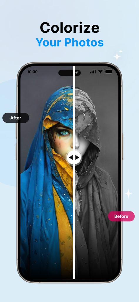 Jasper - AI video Generator - A smartphone showing a before and after comparison of a black and white portrait being colorized by the Jasper AI app.