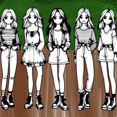 six realistic girls in casual clothes