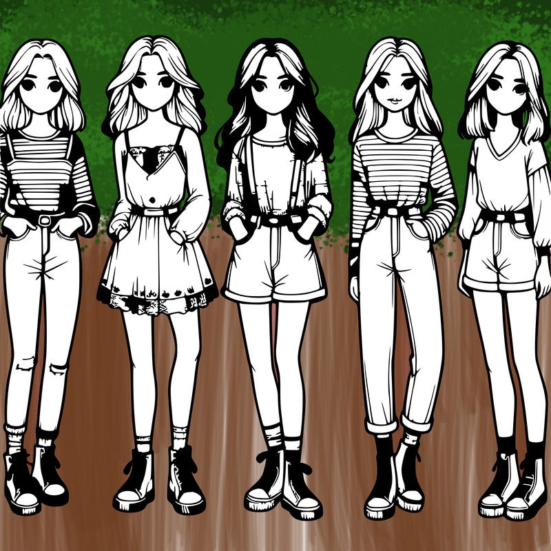 six realistic girls in casual clothes