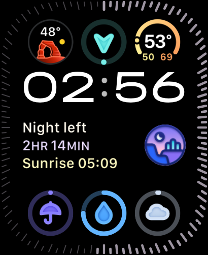 Weather mini for Watch - Custom Apple Watch face with detailed weather illustrations and complications showing sunrise and humidity
