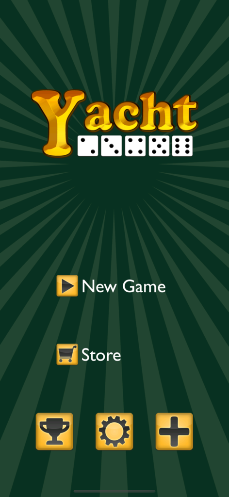 Menú principal del juego de dados Yatzy Yacht con opciones para un nuevo juego y la tienda.
