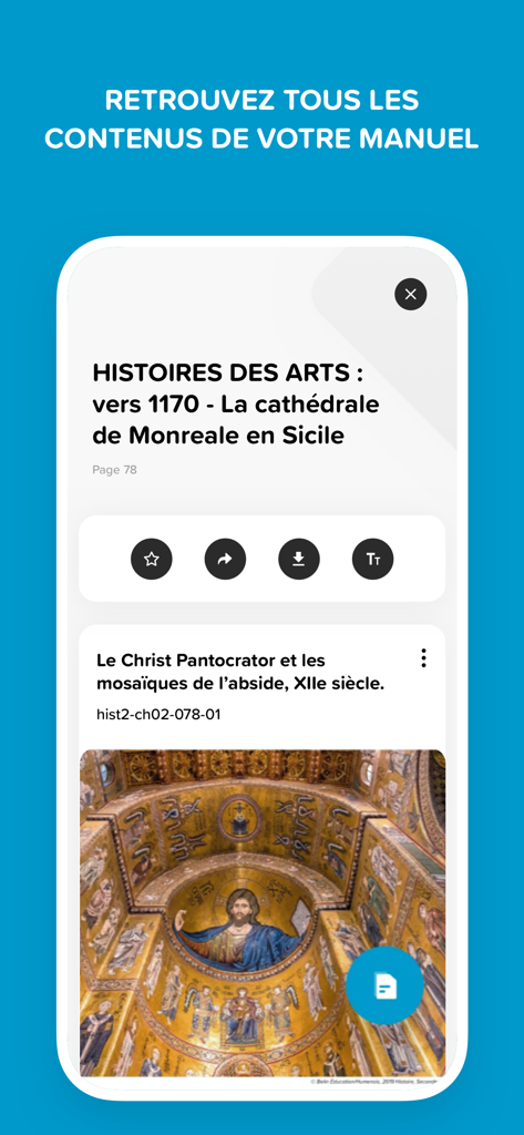Belin Éducation – Manuel max - Digital textbook interface showing an art history lesson on the Monreale Cathedral in the Belin Éducation app.
