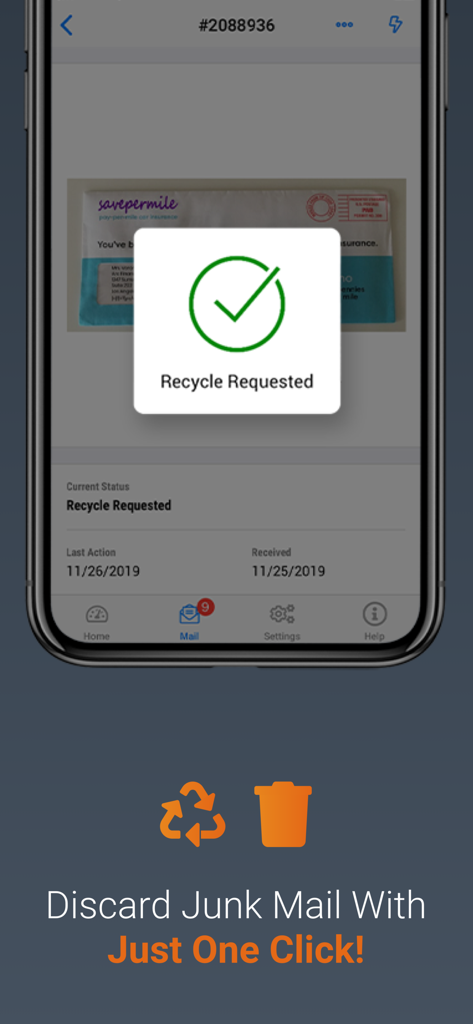 Anytime Mailbox Virtual Mail - Anytime Mailbox app interface showing a recycle request confirmation to discard junk mail with one click.